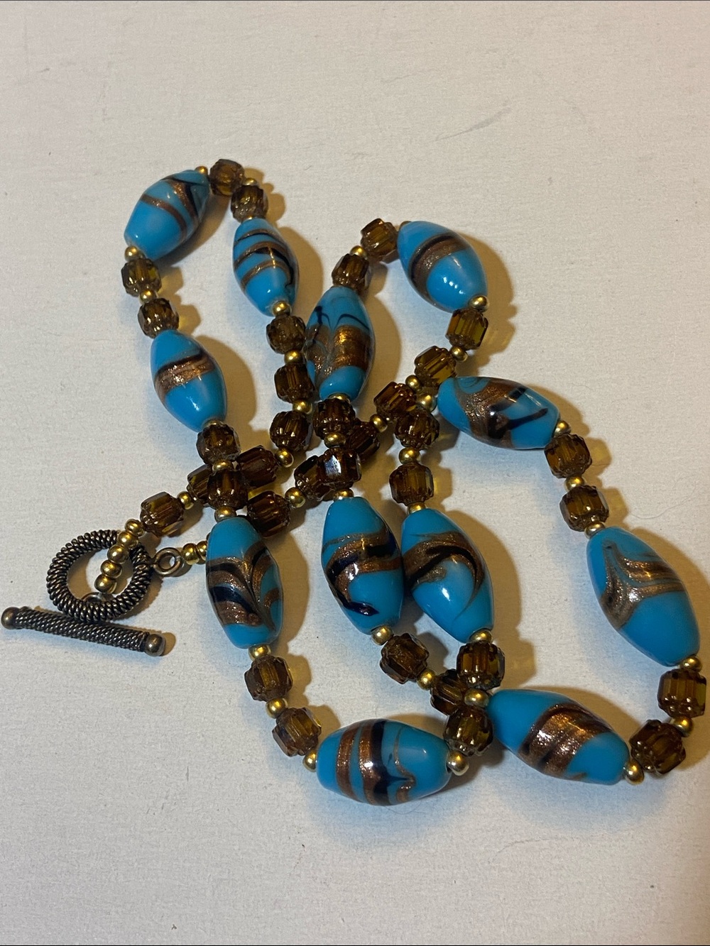 VTG Murano Blue/Gold Speckle Glass Wedding Cake Lampwork Bead Necklace Toggle